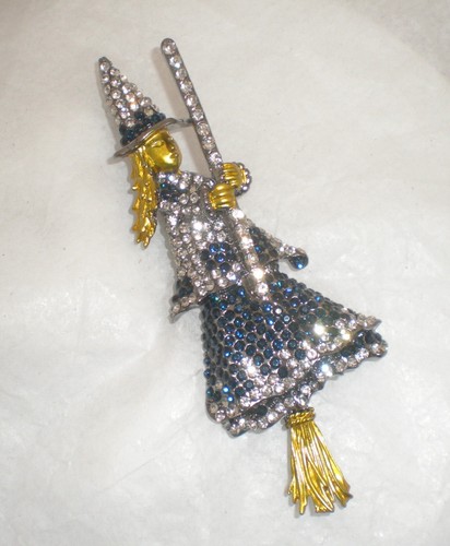 New Dark Metal Witch and Broom w/ Multicolored Crystals and Enamel Pin Brooch - Picture 3 of 4