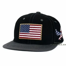 USA Flag Hat Stars and Stripes Eagle Snapback Flat Bill Baseball Cap- Black/Gray