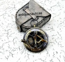 3" Brass Nautical Antique Collectibles Sundial Compass With Leather Case Gift