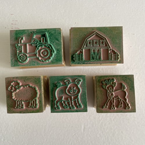 Juego de 5 estampillas de goma de granja - granero, tractor, cerdo, oveja, cabra - Imagen 2 de 2