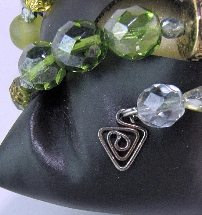 Coil Wire Wrap Bracelet Green Glass Peridot Stone Gold Metal Beads Artisan - Image 2 of 3