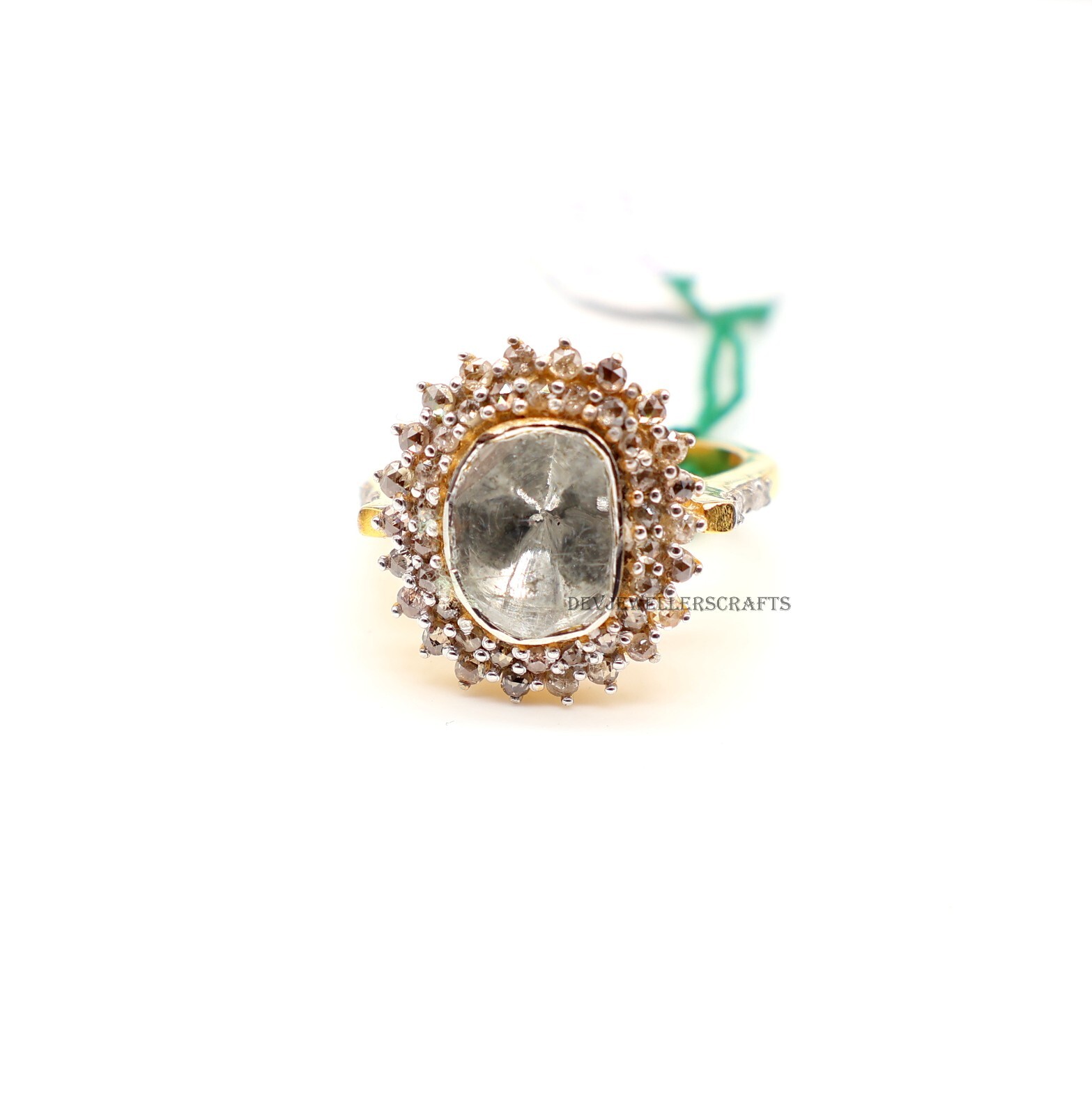 Elegant Rose Cut Polki & Pave Diamond Ring in 925 Sterling Silver with Gold Plating