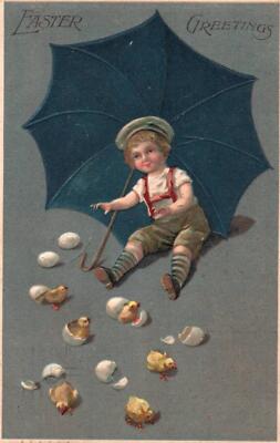 Adorable BOY Watches CHICKS HATCH On Wonderful Vintage 1907 EASTER Postcard