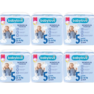 6 x 36 Windeln | babylove Windeln Premium Größe 5 Junior 10 - 16 kg Tag & Nacht