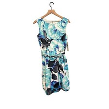 NWT Eliza J Faille Sheath Belted Floral Blue Mini Dress Pockets Women's Size 6