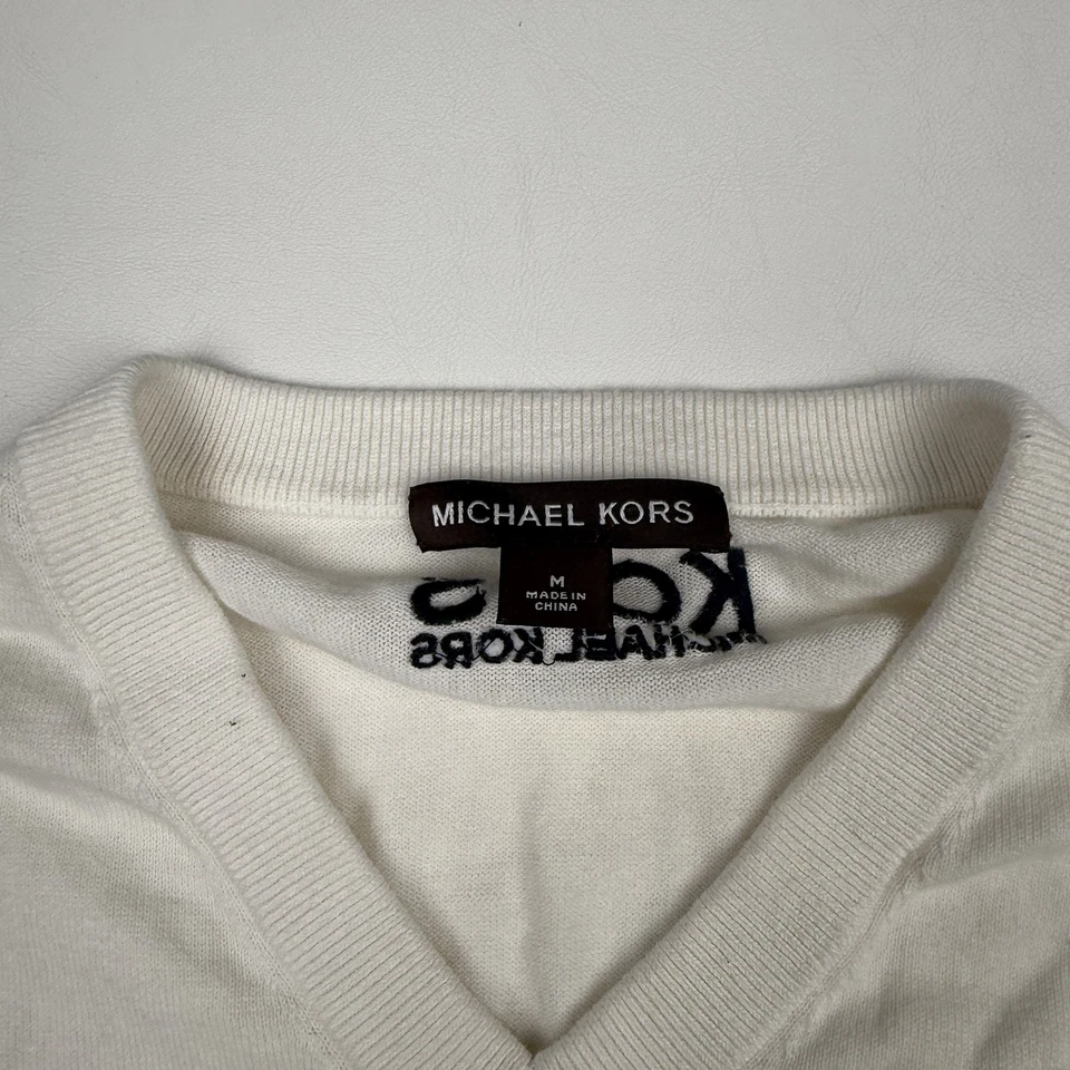 Michael Kors Sweater Mens Medium White Escalade Helogic V Neck Pullover Logo - Image 4 of 4