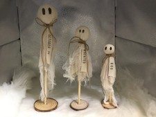 New Rustic Prim Fall Halloween Wispy Spooky Ghost Figures Wooden Decor Set of 3