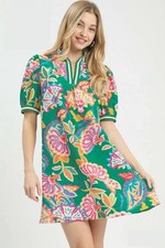 Vestido túnica Umgee cachemir manga abullonada mezcla esmeralda jacquard boho con bolsillos