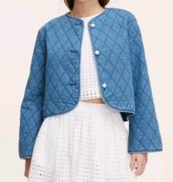 Giacca donna denim trapuntata nuova con etichetta Kate Spade New York x Target blu taglia M