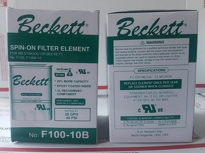 TWO BECKETT F100-10B SPIN ON FILTER ELEMENT REPLACES PURE PRO F100-10W, GARBER 