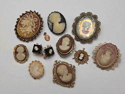 Lot Of 11 Vintage Costume Cameo Pin Brooch Earring Pendant Jewelry Group#22