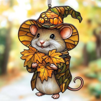 Autumn Mouse In Pumpkin Hat Acrylic Suncatcher, Cute Design For Halloween Decor