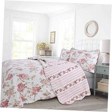 3-Piece Cotton Quilt Bedding Set, Romantic Cottage Peachy Queen Pink Peony