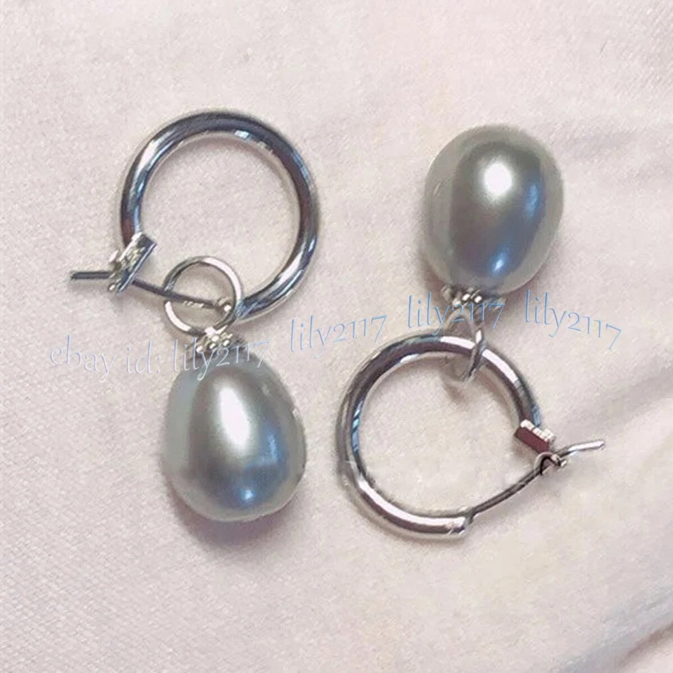 AAA 9-10mm Genuine Natural Gray South Sea Pearl Dangle Earrings 14K White Gold - Image 3 of 4