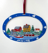 Maine Christmas Cut Metal Ornament Village Scene Handpainted Made In USA