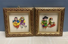 Vtg Korean Clay Folk Art Wall Plaques Set of 2 3D Couples 5X5 Made in Korea
