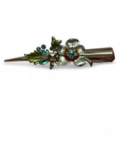 Vintage Floral Enamel Hair Barrette Blue Rhinestone Flower Leaf Hair Clip