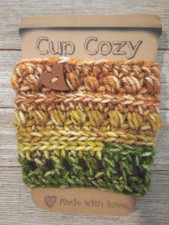 crochet handmade coffee cup drink cozy sleeve heart button rainbow new