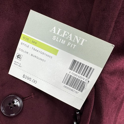Alfani Mens Slim Fit Solid Velvet Sport Coat Burgundy Red 38S - Picture 3 of 5