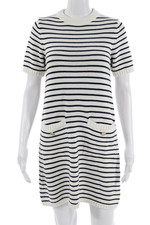 Zara Women Sweater Shift Dress White Striped Cotton Crew Neck Short Size S