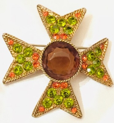 Rhinestone Maltese Cross Brooch Vintage BSK Large Gold Green & Topaz Pin Vtg