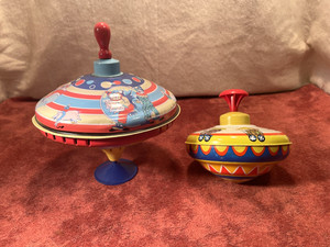Vintage Schylling Tin Spinning Top Circus Clown  & Ohio Art Top Hand Crank