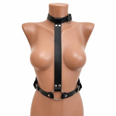 Women's Leather Harness Collar Adjustable Gothic Body Harness Waist Belt Black
