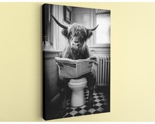 Highland Cow Wall Art Black White Canvas Print Bathroom Farmhouse Decor