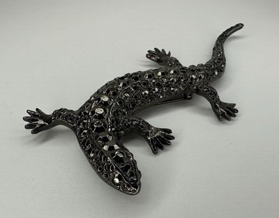 Vintage Brooch Lizard Gecko Reptile Black Marcasite Studded Large Metal Pin