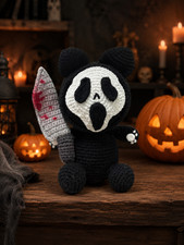 Spooky Crochet Ghost Bear Plush, Halloween Amigurumi Doll, Cute Horror Handmade