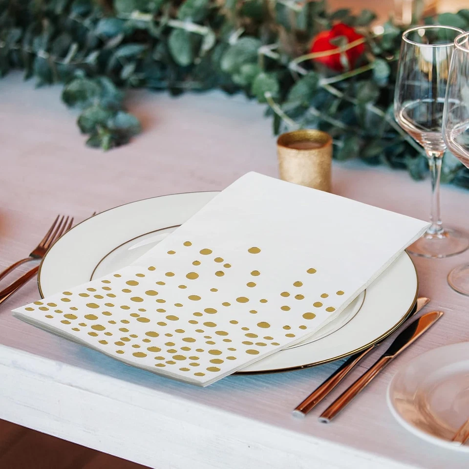 Pack of 120 Gold Foil Guest Napkins White and Golden Polka Dots Disposable Hand - Image 4 of 4