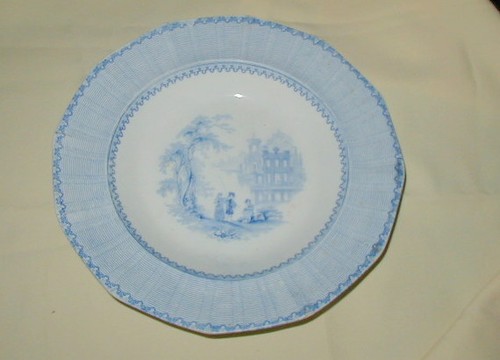 ANTIQUE BLUE & WHITE SOUP BOWL, CLAREMONT PATTERN, B&S ENGLISH? FISHING SCENE