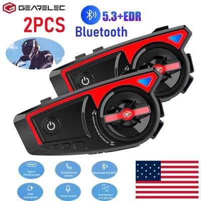 2PCS Motorcycle Helmet Headset Bluetooth 5.3 Noise Reduction Waterproof w/ Mic