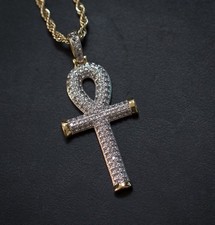 Yellow Gold Plated Cz Round Diamond Ankh Cross Pendant Charm And Rope Chain