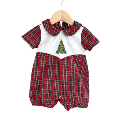 Lil Cactus Plaid Christmas Tree Bubble Romper w/ Peter Pan Collar Baby Boy 3-6M