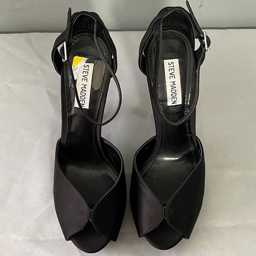 Steve Madden Tia Size 9 Black Satin High Heels Platform Pumps Sexy Office Siren - Picture 6 of 11