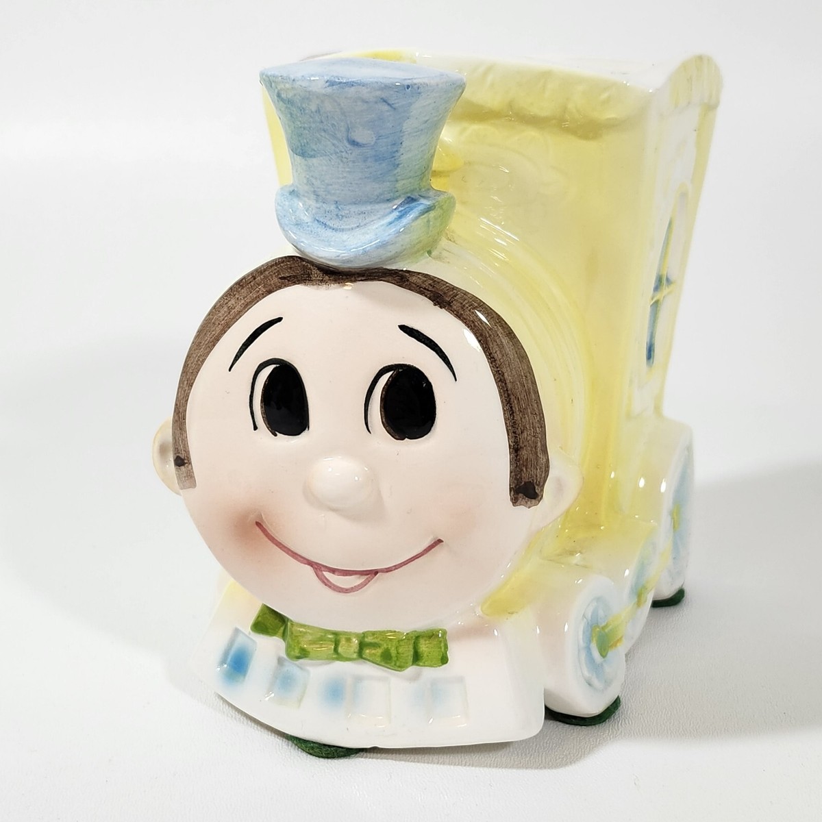 Lefton Boy Train Planter #6397 Yellow Blue Original Sticker Flower