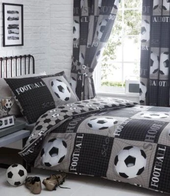 KIDS BOYS SHOOT FOOTBALL REVERSIBLE DUVET SET OR CURTAINS SB,DB,KS,66X54,66X72