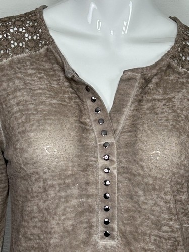 Venus Top Henley Women Size S Brown Shirt Long Sleeve Lightweight Cottage Lace - Picture 3 of 16