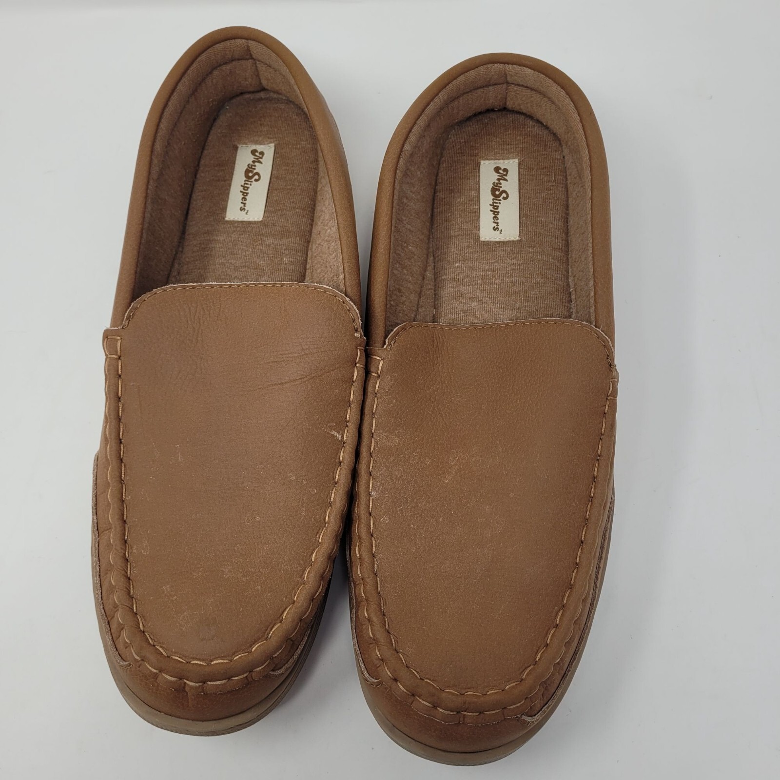 MyPillow My slippers mens 14 tan brown leather indoor moccasin slippers