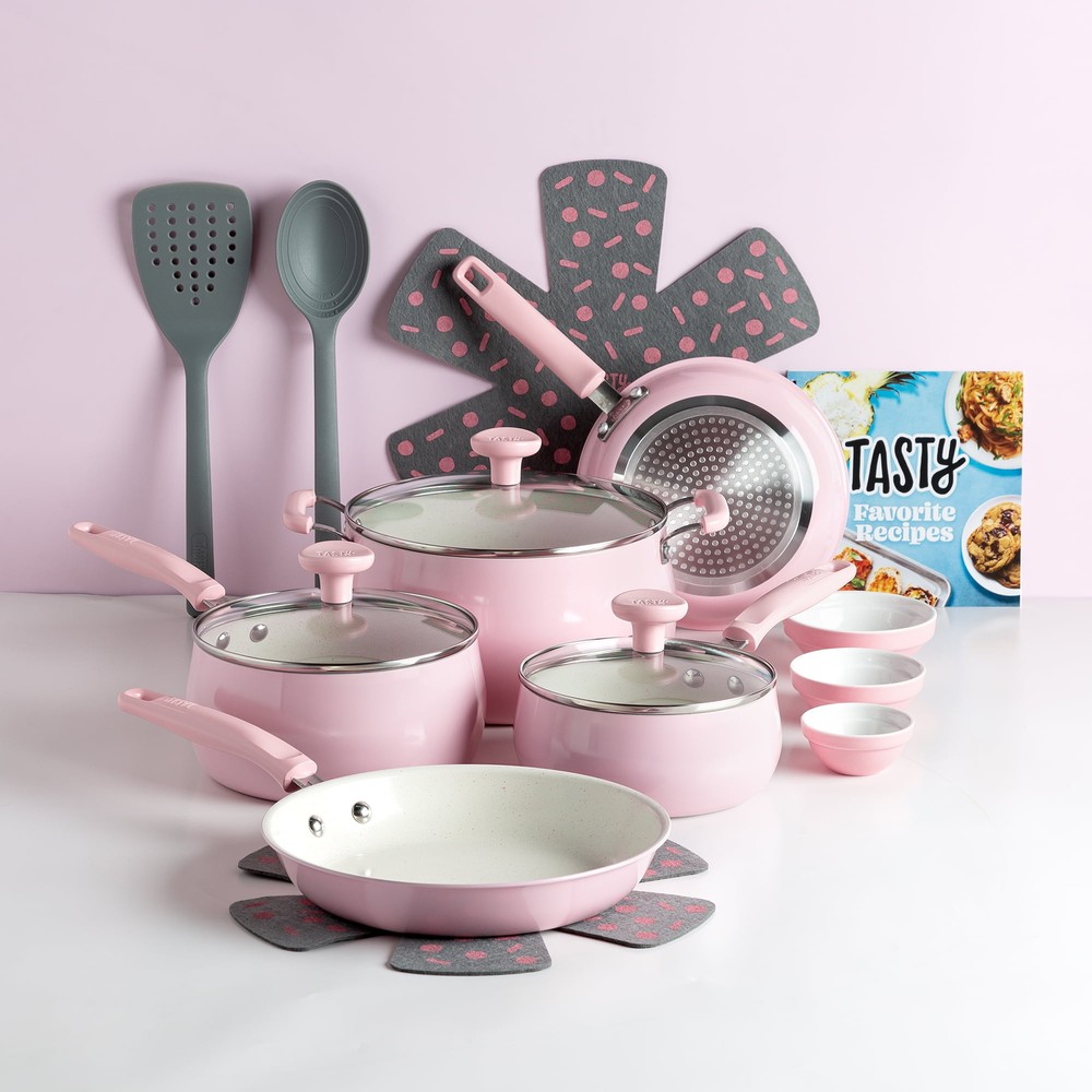 US Ceramic Pans and Pots 16 Piece Non-Stick Aluminum Cookware Set Oven Safe Pink