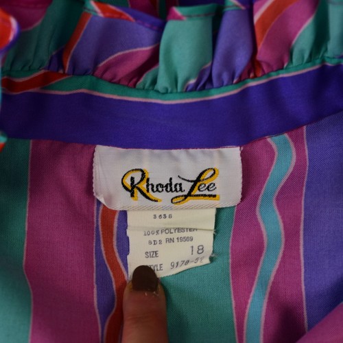 70s Vintage Womens L Multicolor Striped Ruffled & Tie Mock Neck Blouse Rhoda Lee - Picture 9 of 9