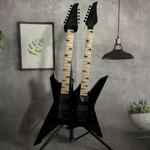 12+6 Strings Black Electric Guitar Solid Double Neck Maple Fretboard HH Pickups