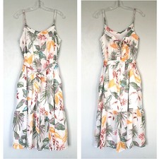 GAP Cami Linen Blend Tropical Floral Midi Dress in White Multi Size M Petite