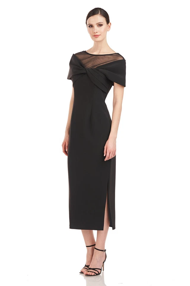 JS COLLECTIONS Black Sheer Yoke Twist Pleated Stretch Crepe Slit Midi Dress 12 L - Image 3 of 4