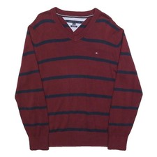 TOMMY HILFIGER Homme Pull Maille Col V Rayé Bordeaux Marine L Manches Longues