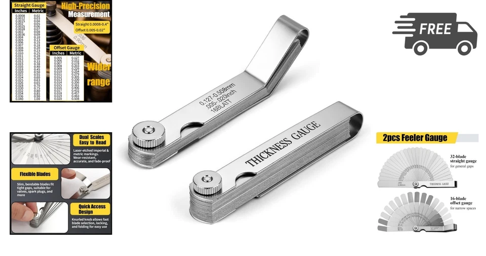 Feeler Gauge Set 2pcs Stainless Steel 32 Straight 16 Offset Blades SAE Metric - Image 2 of 4