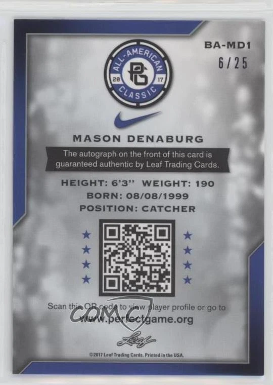 2017 Leaf Perfect Game All-American Classic Metal Purple /25 Mason Denaburg Auto - Image 2 of 2