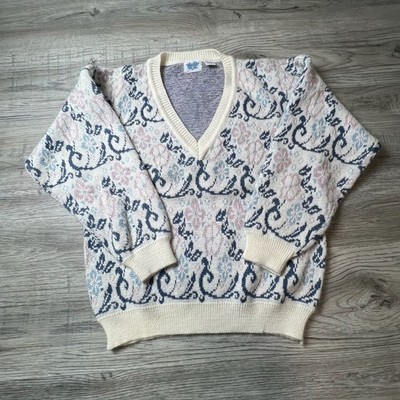 East 62 Sweater Womens Large Cream Floral V-Neck Vintage Knit Pastel Pullover