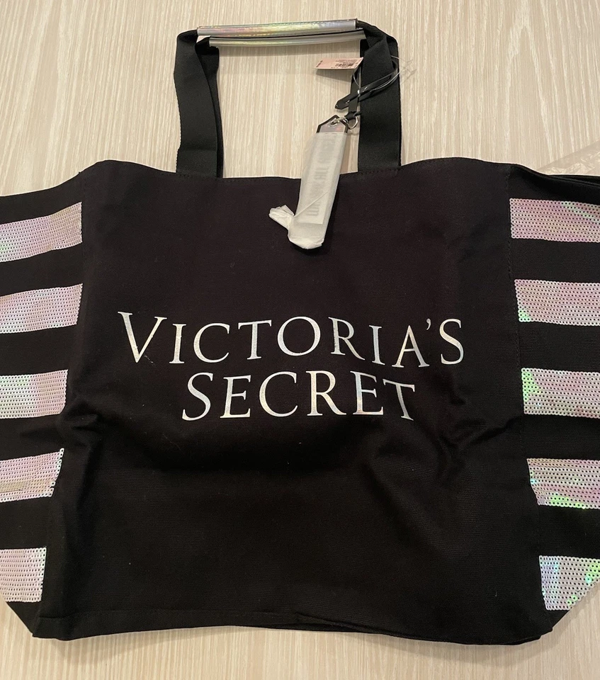 Bolsa tote listrada com lantejoulas Victoria’s Secret nova com etiquetas/holográfica, lantejoulas prismáticas